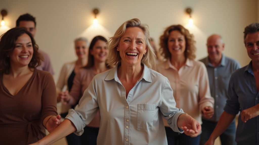 Group of people in casual clothing dancing together in a bright community center space with wooden floors