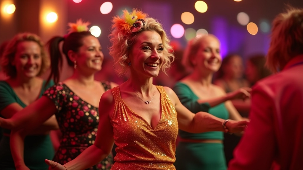 Group of adults aged 45-70, fully clothed in coordinated colorful costumes, dancing together and smiling, celebrating at a themed dance party
