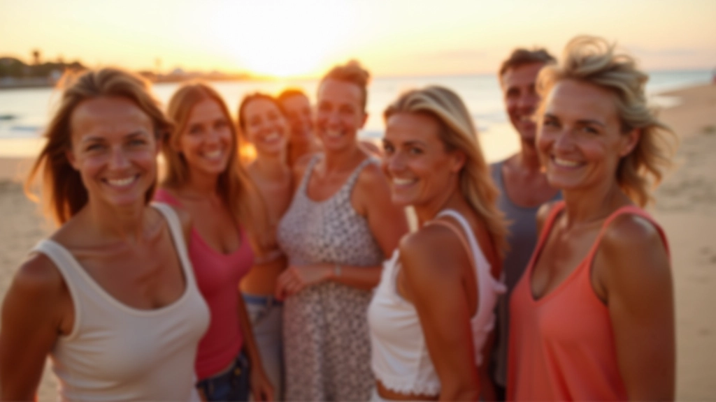 Group of adults in casual clothing gathered together on a beach, interacting and socializing