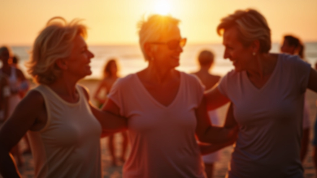Mature adults enjoying a beachside dance gathering in Portugal with ocean backdrop