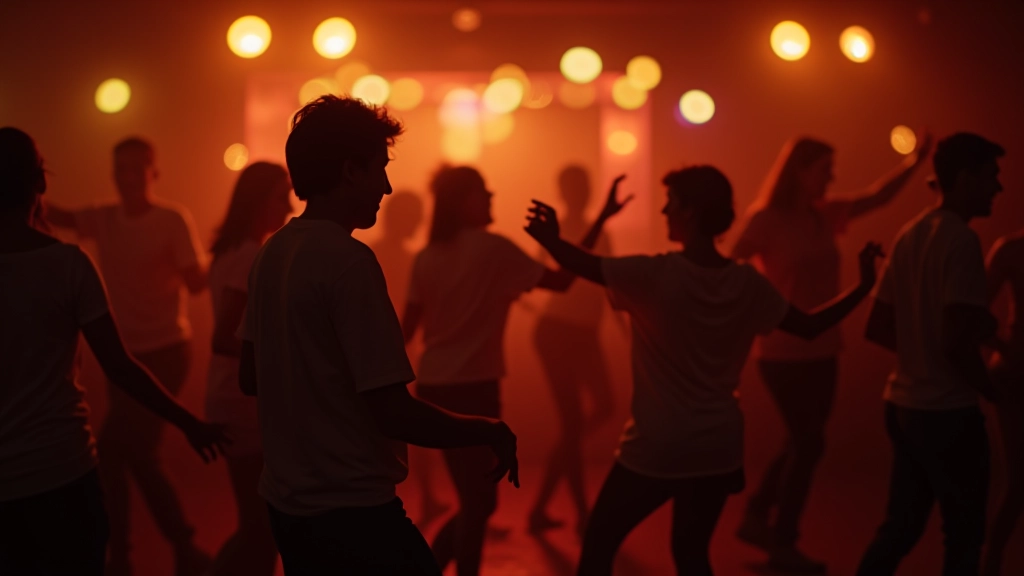 Colorful decorated dance venue with people of various ages dancing together under warm ambient lighting