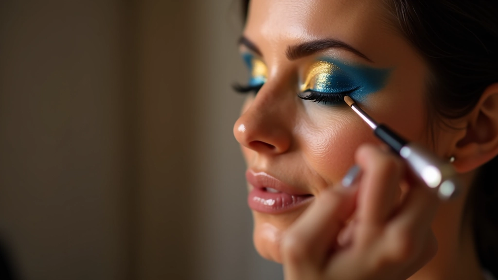 Woman applying vibrant makeup with gold and blue eyeshadow, colorful eyeliner, and glitter details, professional makeup application lighting