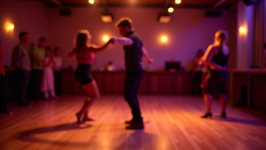 Interior of a modern dance venue with wooden floors, ambient purple and gold lighting, and open dance floor