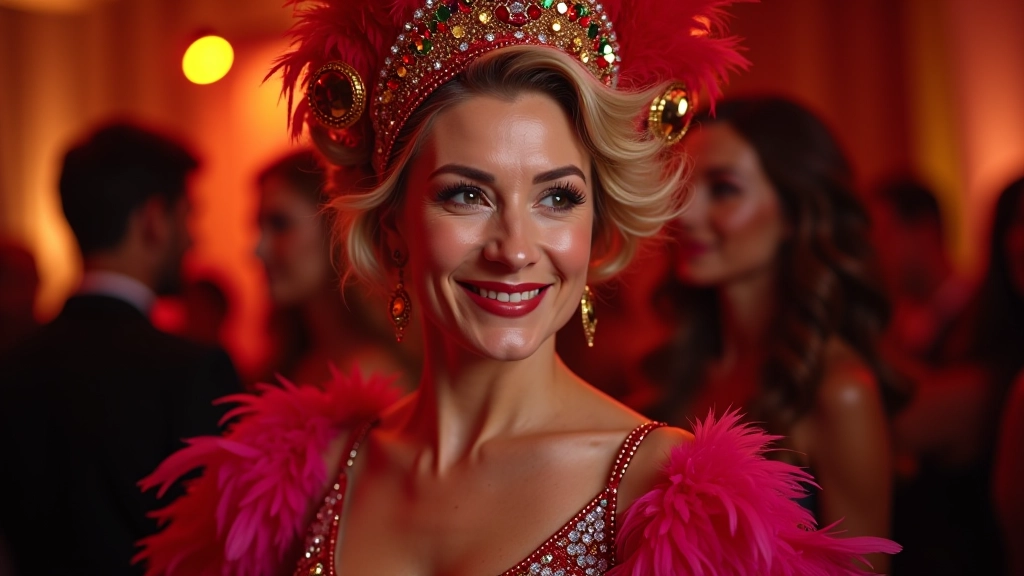 Woman wearing colorful costume with feathers and beads, posing with a smile at a themed dance event